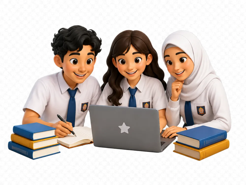 Tiga siswa belajar bersama untuk Program Liga Akademik